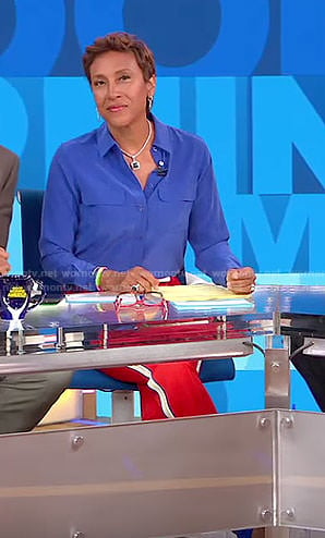 Robin’s blue blouse and red side striped pants on Good Morning America