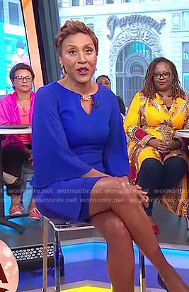 Robin’s blue flutter sleeved chain neck dress on Good Morning America