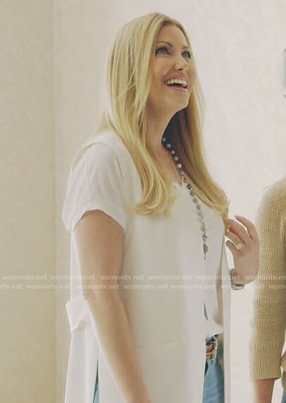 Stephanie’s white long vest on The Real Housewives of Dallas