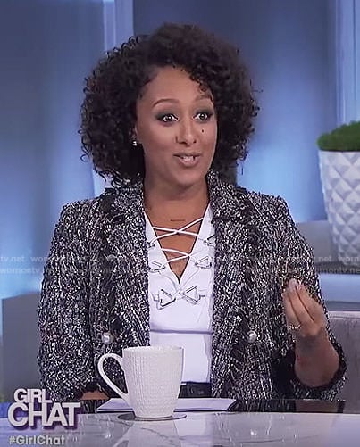 Tamera’s tweed jacket with pearls on The Real