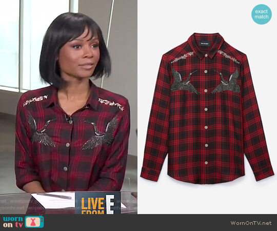 The Kooples Woven Checked shirt with Embroidered Storks worn by Zuri Hall on E! News