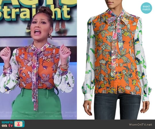 Kia Tie-Neck Graphic-Print Silk Blouse by Tory Burch worn by Adrienne Houghton on The Real