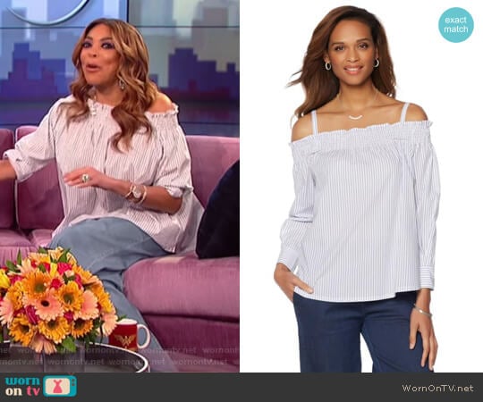 Off-the-Shoulder Striped Top with Removable Straps by Wendy Williams HSN Collection worn by Wendy Williams on The Wendy Williams Show