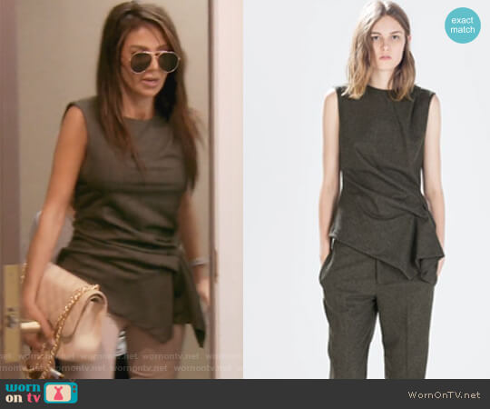 Green Side Gathered Sleeveless Top by Zara worn by Peggy Sulahian on The Real Housewives of Orange County