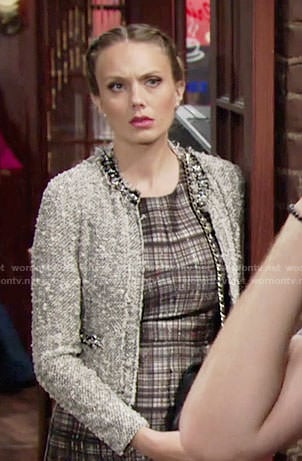 Abby's grey embellished tweed jacket on The Young and the Restless