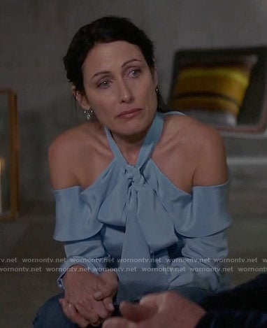 Abby's blue off-shoulder tie-neck blouse on Girlfriends Guide to Divorce