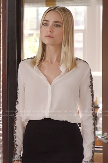 Anna's white blouse with black lace on The Mindy Project