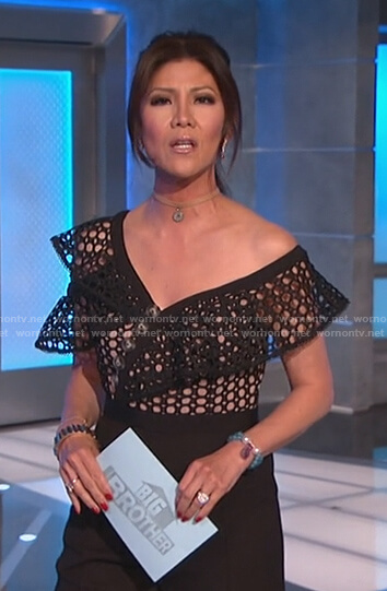 Julie's black lace off shoulder jumpsuit on Big Brother