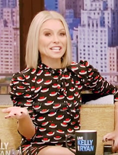 Kelly's black neck tie print dress on Live with Kelly and Ryan