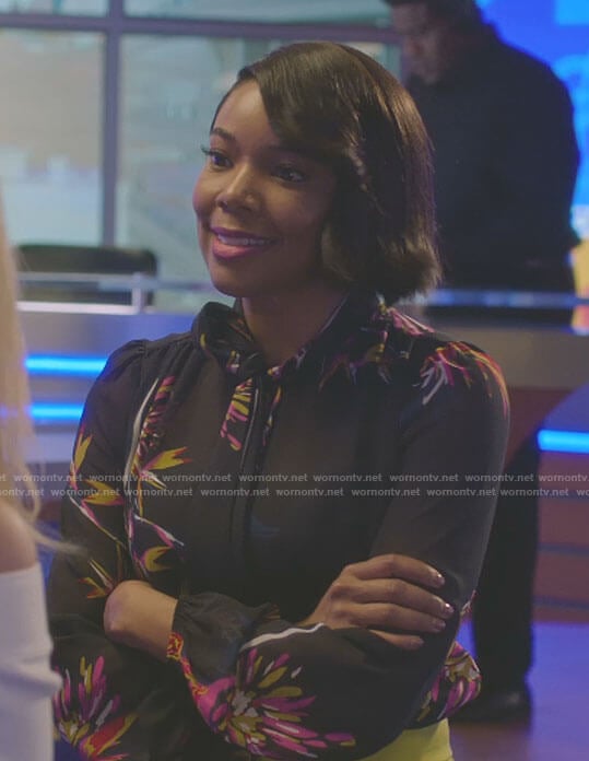 Mary Jane's black printed tie blouse on Being Mary Jane