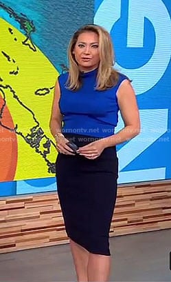 Ginger’s blue high neck top and pencil skirt on Good Morning America