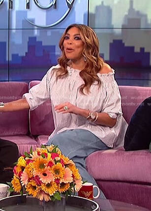 Wendy’s blue striped off shoulder top on The Wendy Williams Show