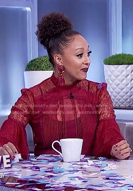 Tamera's red lace bell sleeve top on The Real