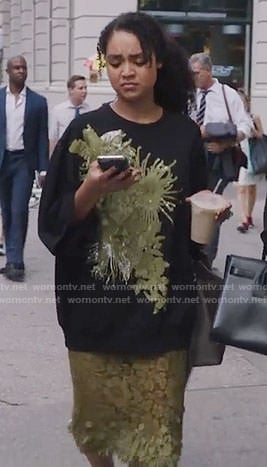 Kat's black and green sequined top and lace skirt on The Bold Type