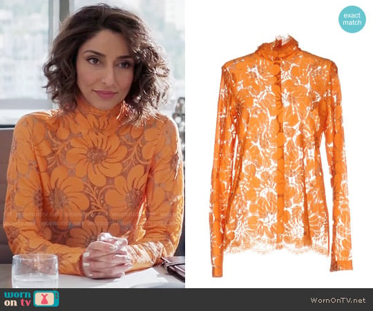 Celine Orange Lace Blouse worn by Delia (Necar Zadegan) on Girlfriends Guide to Divorce