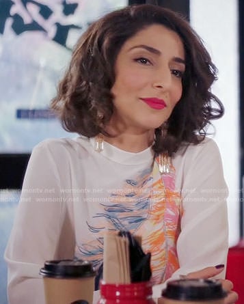 Delia's white feather print blouse on Girlfriends Guide to Divorce