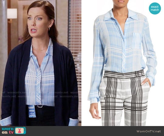 Diane von Furstenberg Carter Shirt in Darnley Hortensia Blue worn by Katherine Wendelson (Briga Heelan) on Great News