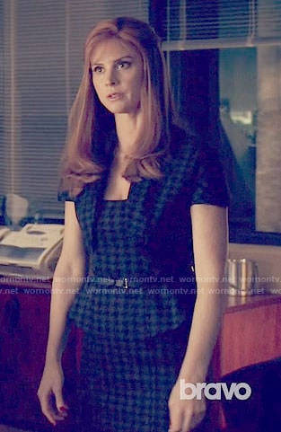 Donna’s olive green houndstooth peplum dress on Suits