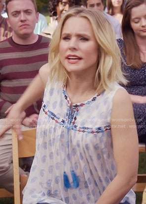 Eleanor's blue printed sleeveless top with tassels on The Good Place