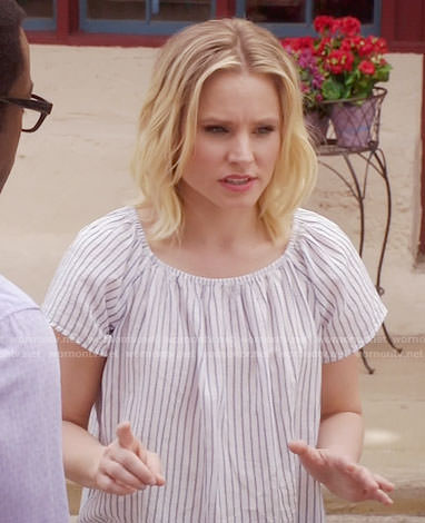 Eleanor’s striped short sleeve top on The Good Place