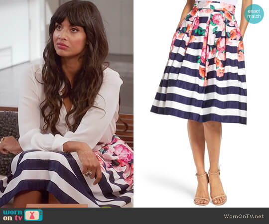 Eliza J Floral Stripe Midi Skirt worn by Tahani Al-Jamil (Jameela Jamil) on The Good Place