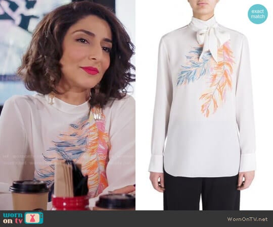 Emilio Pucci Feather Highneck Silk Blouse worn by Delia (Necar Zadegan) on Girlfriends Guide to Divorce