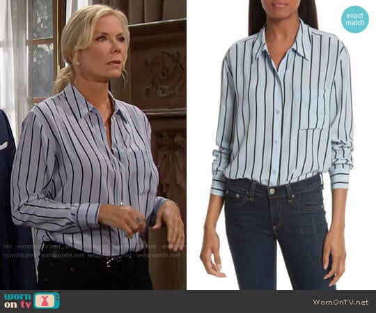 Equipment Daddy Oversize Stripe Silk Shirt in Pear Blue worn by Brooke Logan (Katherine Kelly Lang) on The Bold and the Beautiful