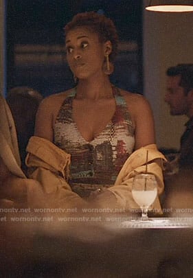 Issa's patchwork tweed halter crop top and skirt on Insecure