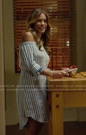 Kara's blue striped off-shoulder dress on Being Mary Jane
