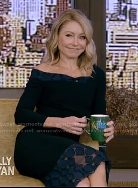 Kelly’s navy lace trimmed sheath dress on Live With Kelly