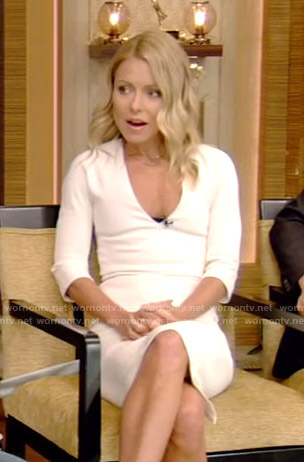 Kelly’s white elbow sleeved sheath dress on Live with Kelly and Ryan