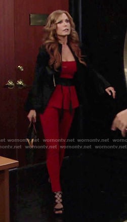 Lauren's red jumpsuit and black bell-sleeve jacket on The Young and the Restless