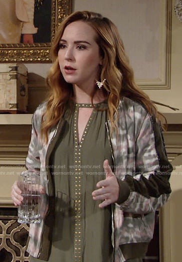 Mariah's green studded top and tie dye print bomber jacket on The Young and the Restless