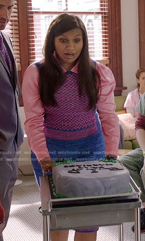 Mindy’s blue and pink checked sweater vest on The Mindy Project