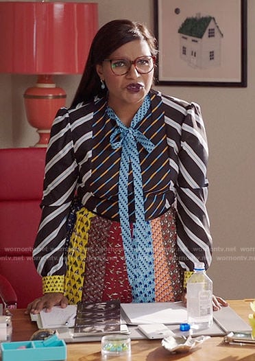 Mindy’s mixed pattern tie-neck dress on The Mindy Project