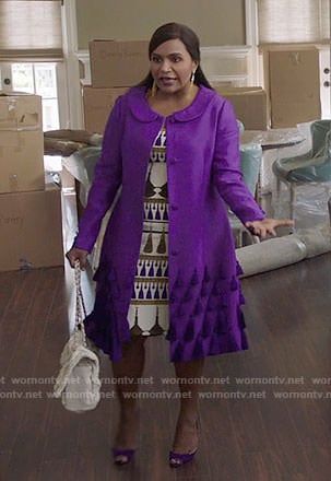 Mindy's tassel print dress and purple coat on The Mindy Project