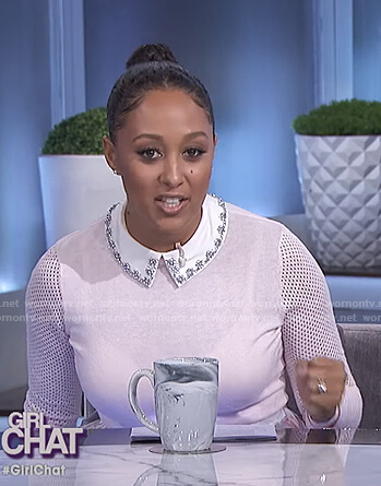 Tamera’s pink mesh sleeve sweater and printed skirt on The Real