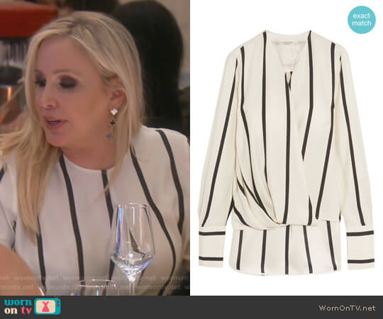 Max wrap-effect striped silk blouse by Rag and Bone worn by Shannon Beador on The Real Housewives of Orange County