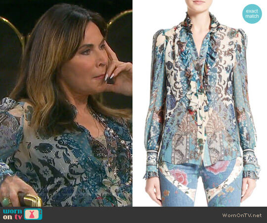 Roberto Cavalli Patchwork Print Silk Top worn by Kate Roberts (Lauren Koslow) on Days of our Lives