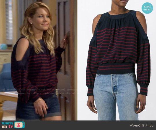 Sacai Striped Cold Shoulder Top worn by DJ Tanner-Fuller (Candace Cameron Bure) on Fuller House