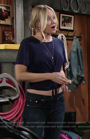 Sharon’s navy tie-front tee and tassel necklace on The Young and the Restless