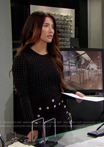 Steffy's black studded top and button front pants on The Bold and the Beautiful