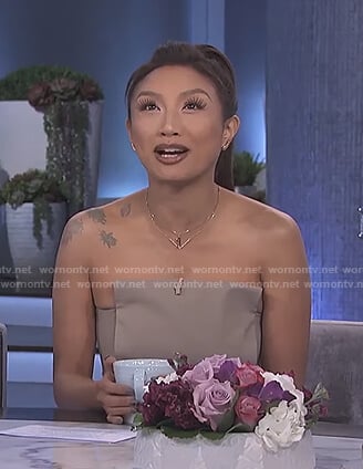 Jeannie’s beige strapless jumpsuit on The Real