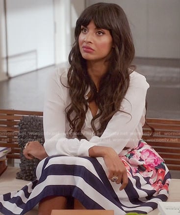 Tahani's striped and floral print skirt on The Good Place