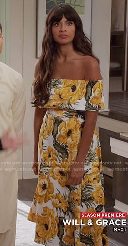 yellow floral off the shoulder dress