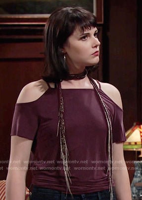 Tessa’s purple cold-shoulder top and beaded scarf on The Young and the Restless