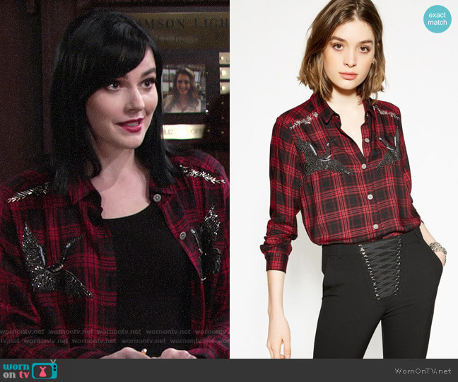 The Kooples Woven Checked shirt with Embroidered Storks worn by Tessa Porter (Cait Fairbanks) on The Young & the Restless