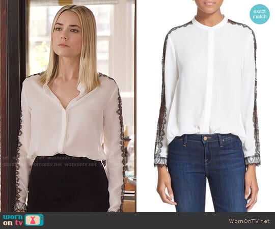 The Kooples Lace Inset Crepe Blouse worn by Anna (Rebecca Rittenhouse) on The Mindy Project