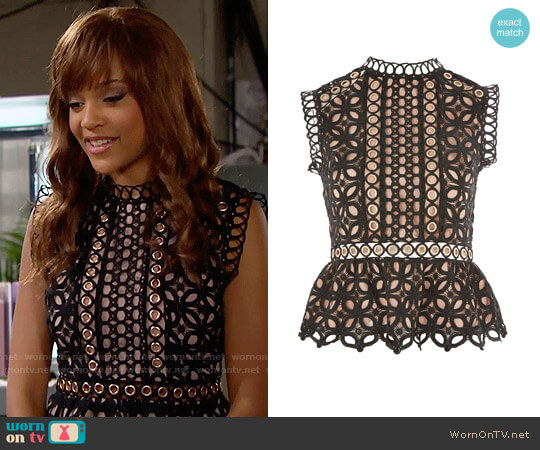 Topshop Eyelet Lace Shell Blouse worn by Nicole Avant (Reign Edwards) on The Bold and the Beautiful