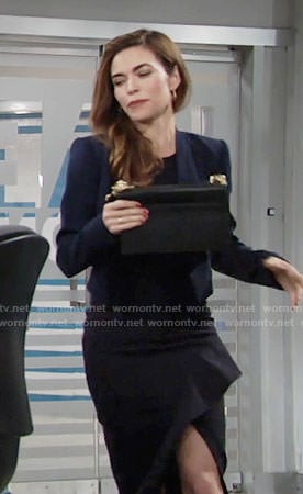 Victoria’s black ruffled dress and blue cropped jacket on The Young and the Restless